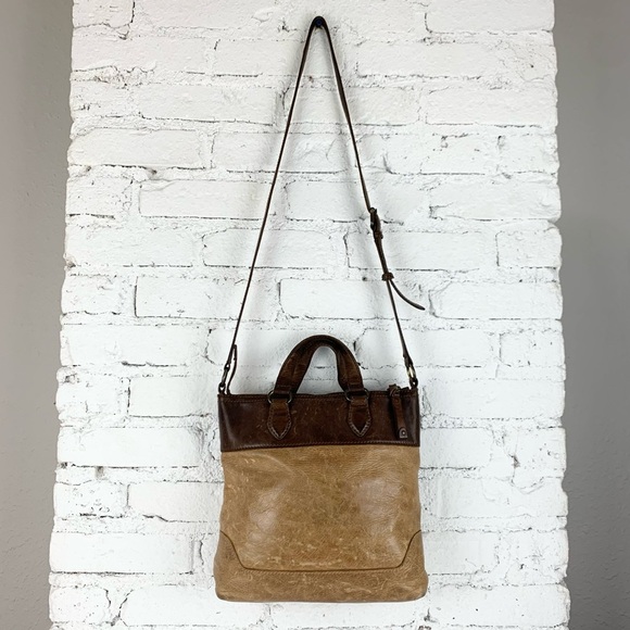 Frye Melissa Small Tote Crossbody Two Tone Brown Leather Purse Bag - Picture 2 of 15